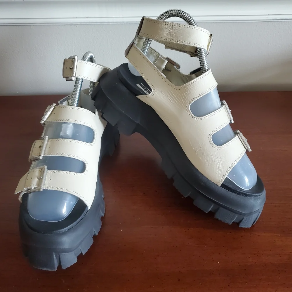 Topshop Size‎ 5 (38) Women's Leather Gladiator Block Buckle Sandals Cream - Picture 4 of 15